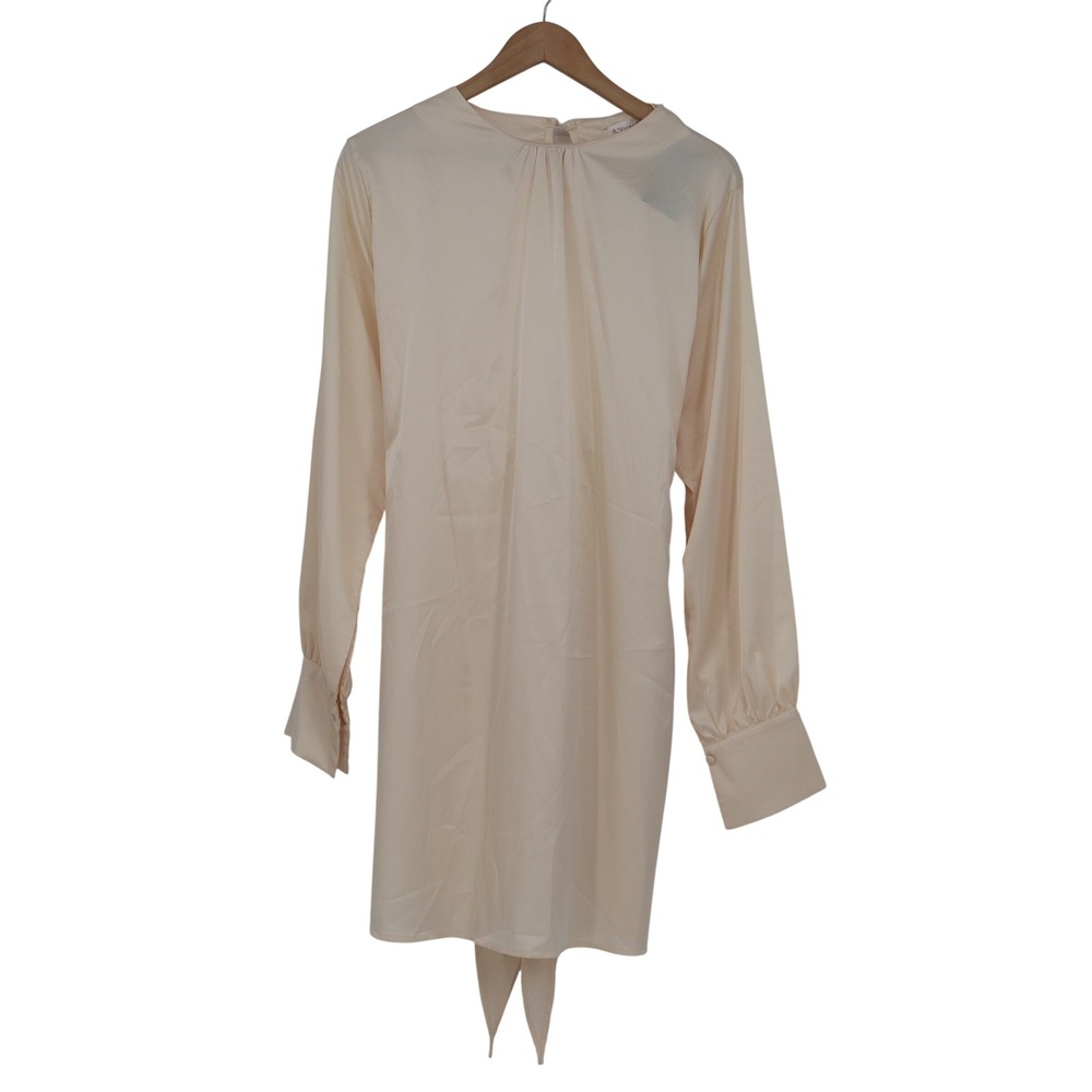 R.Vivimos Champagne Cream Silky Backless Tie Mini Dress Long Sleeve Size L